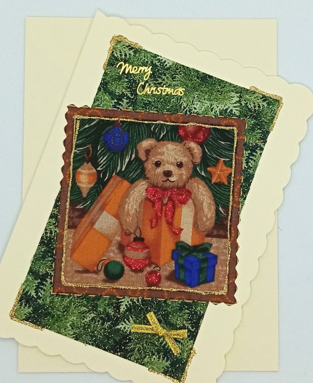 Teddy Bear Fabric Christmas Card 280B