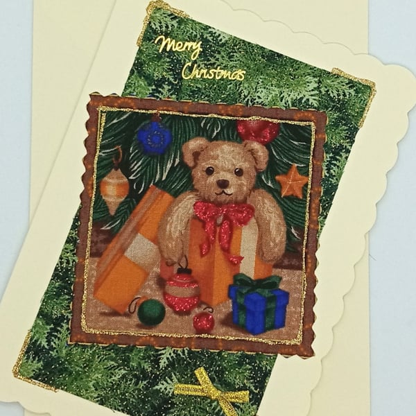 Teddy Bear Fabric Christmas Card 280B