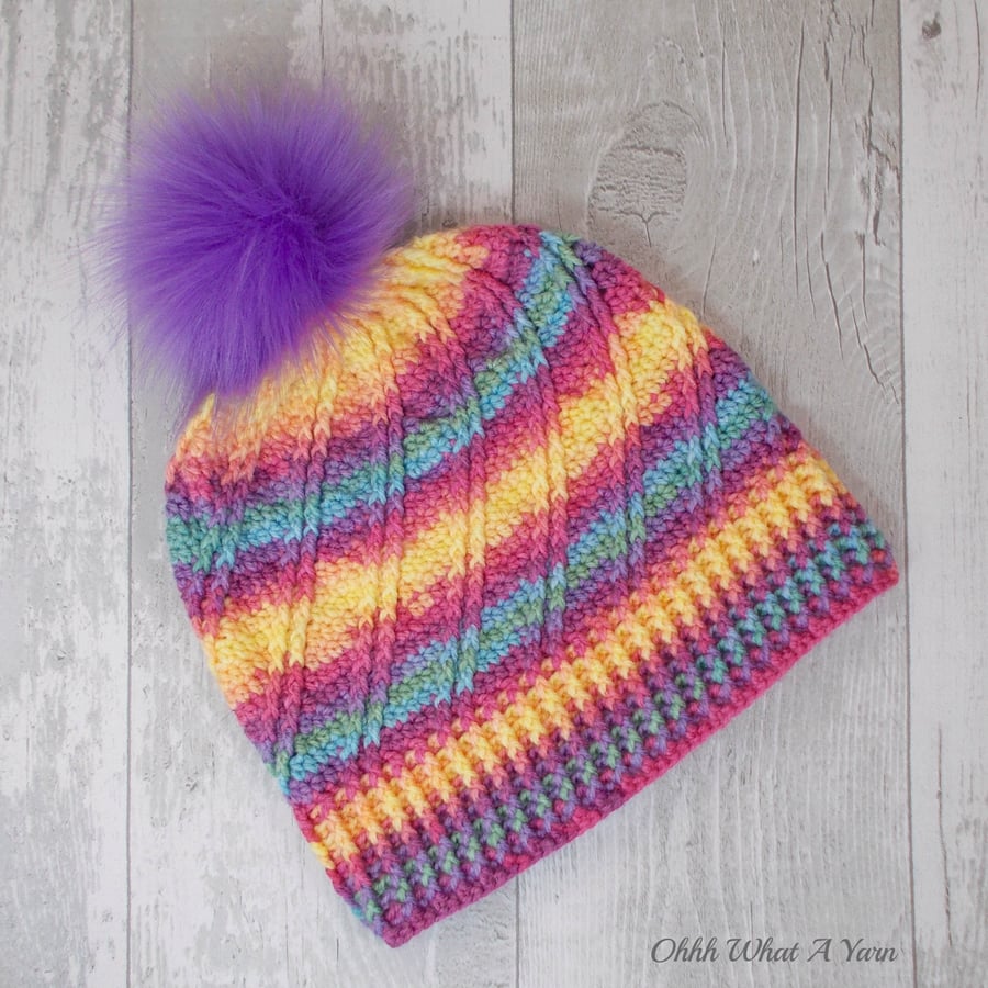 Pastel rainbow ladies swirl pom pom hat. Crochet hat. Ladies hat.