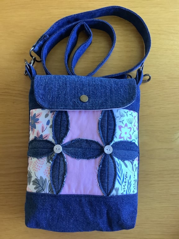Handmade recycled Denim Cross body Bag with one internal pocket