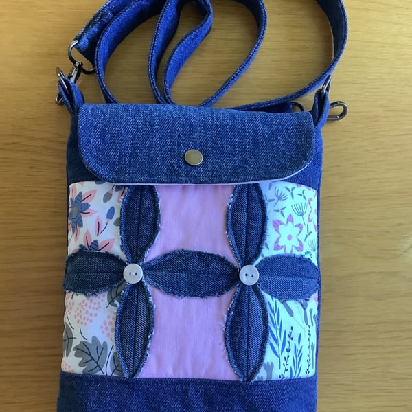 Handmade recycled Denim Cross body Bag with one internal pocket