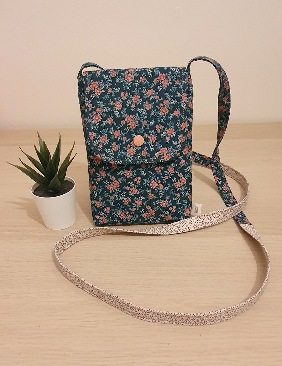 Handmade crossbody phone bag in Teal and Peach fabric 