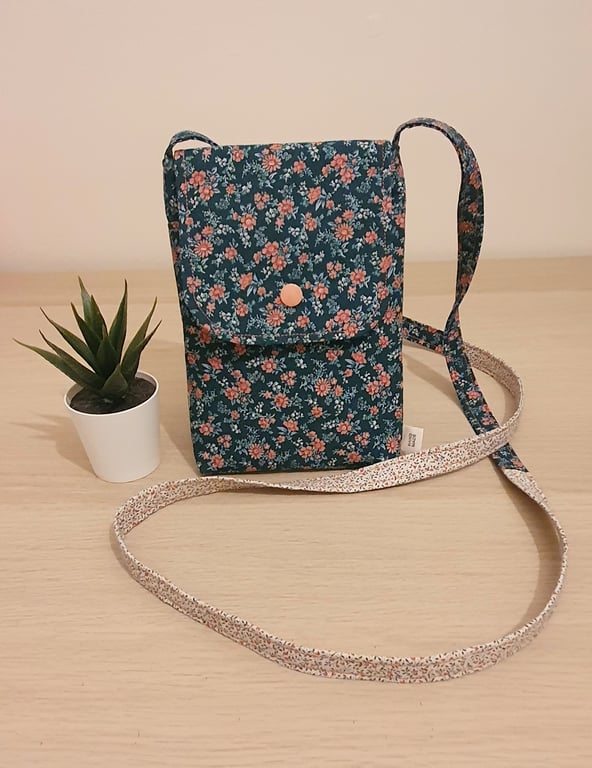 Handmade crossbody phone bag in Teal and Peach fabric 