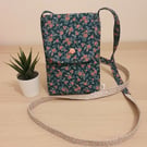 Handmade crossbody phone bag in Teal and Peach fabric 