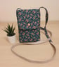 Handmade crossbody phone bag in Teal and Peach fabric 