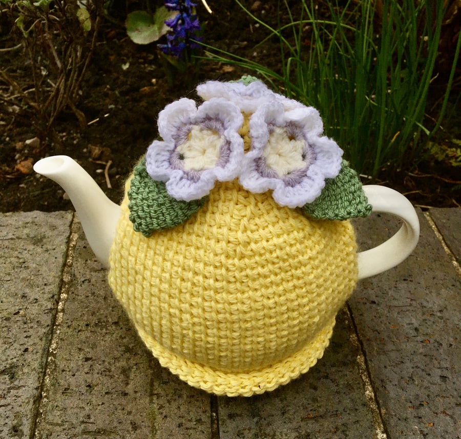 Yellow Spring Flower Tea Cosy, White Flower Tunisian Crochet Tea Cozy