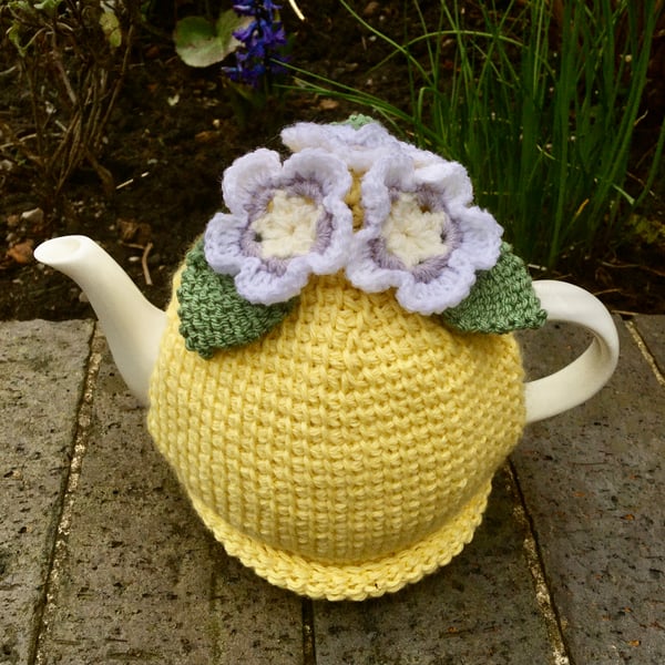Yellow Spring Flower Tea Cosy, White Flower Tunisian Crochet Tea Cozy