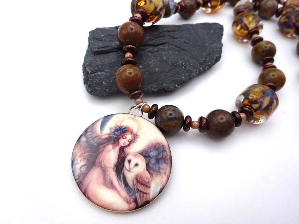 ceramic pendant necklace, jasper and lampwork glass jewellery