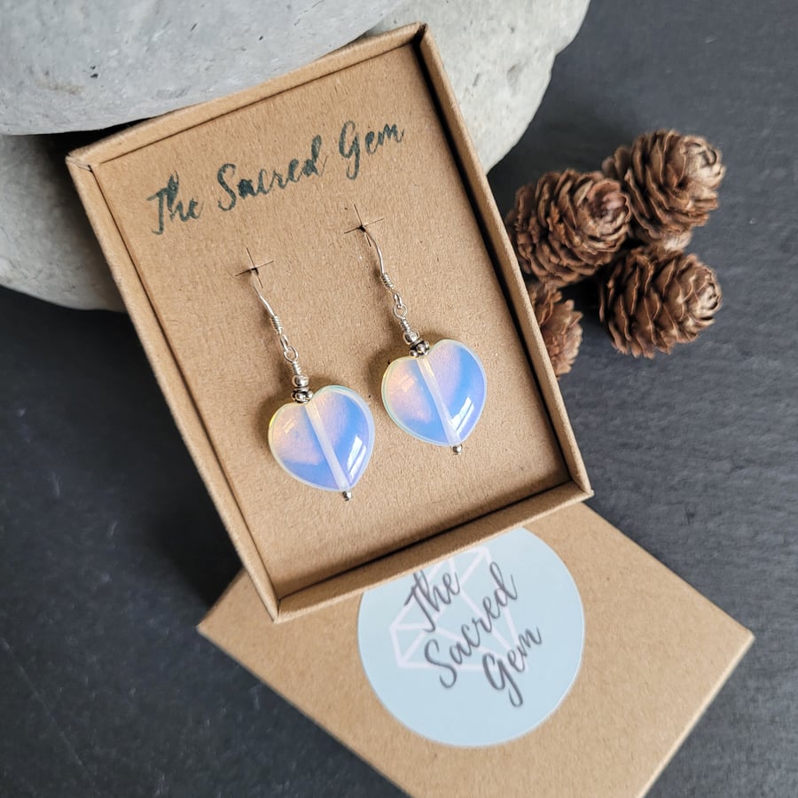 Opalite Heart and Sterling Silver Earrings