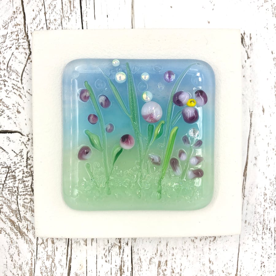 Glass Flower Meadow Picture with Pretty Pink Flowers