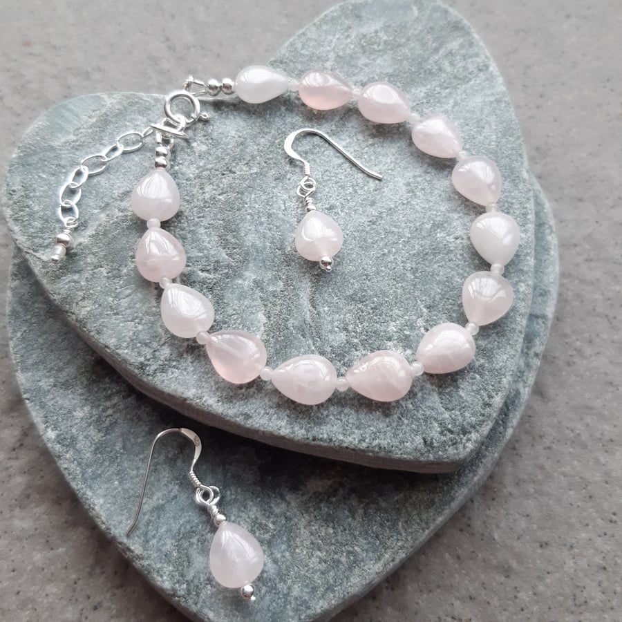  Rose Quartz Sterling Silver Bracelet and Earrings