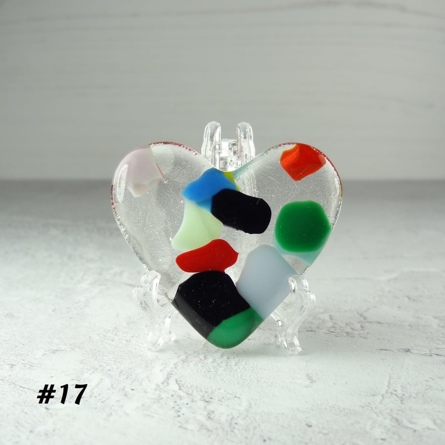 Multicoloured fused glass heart pocket hug with stand 5x4.5cm (17)