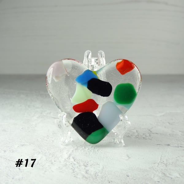 Multicoloured fused glass heart pocket hug with stand 5x4.5cm (17)