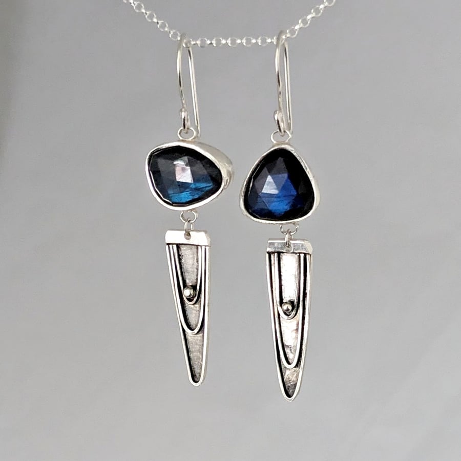 Labradorite art nouveau dangle earrings, recycled silver earrings