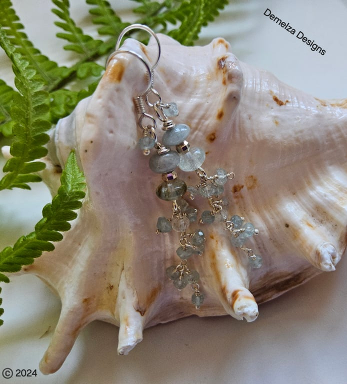 Aquamarine Sterling Silver  Waterfall Design  Earrings. AA Grade 