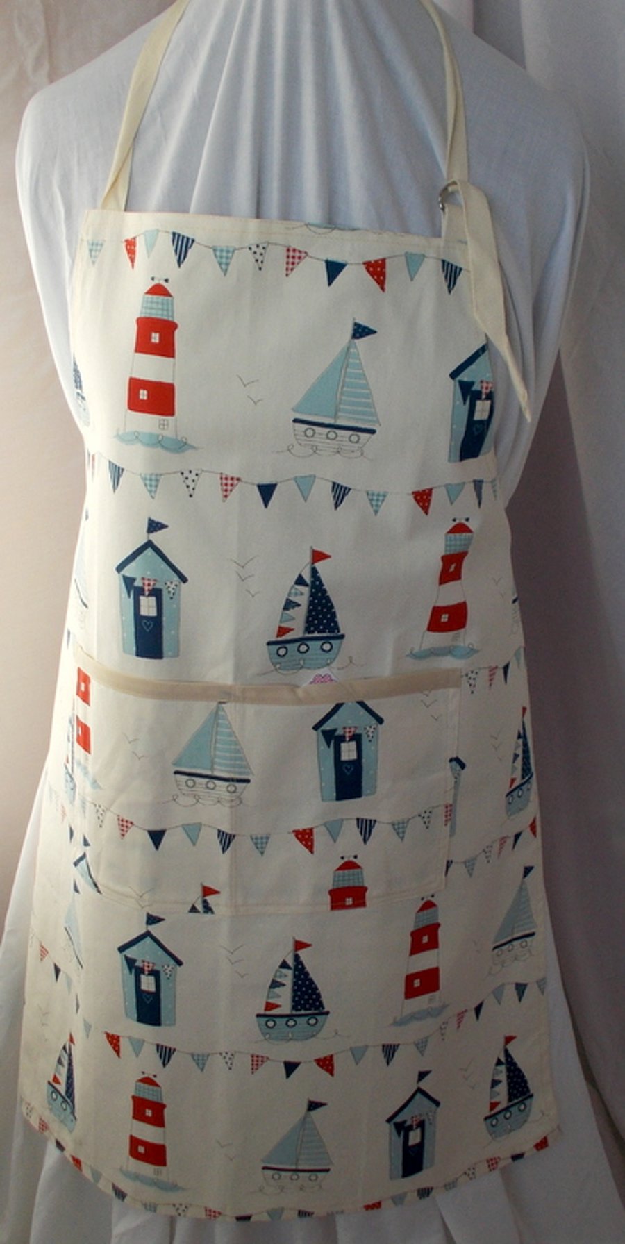 Hand made full apron with beach hut, lighthouses, sailboats, bunting 