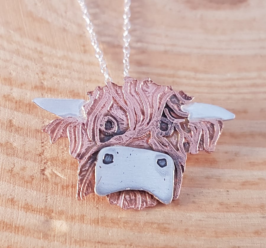 Sterling Silver and Copper Highland Cow Necklace Pendant