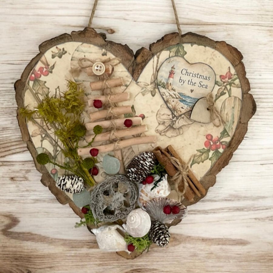 Handcrafted Coastal Christmas Tree Wooden Heart Decoration