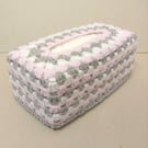 Tissue box cover in sparkly pink, grey and white, crocheted tissue box holder