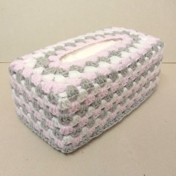 Tissue box cover in sparkly pink, grey and white, crocheted tissue box holder