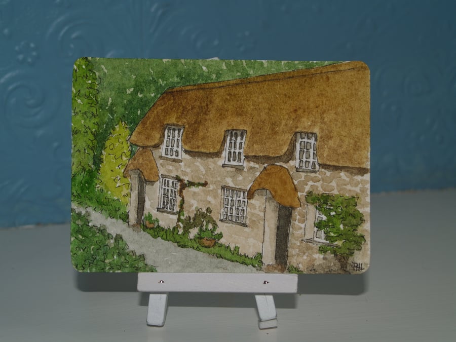 ACEO Original watercolour Cottage at Buckland In The Moor, Dartmoor