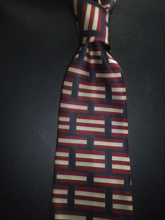 Red gold horizontal motifs on navy silk tie, free shipping, gift wrapped