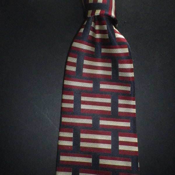 Red gold horizontal motifs on navy silk tie, free shipping, gift wrapped