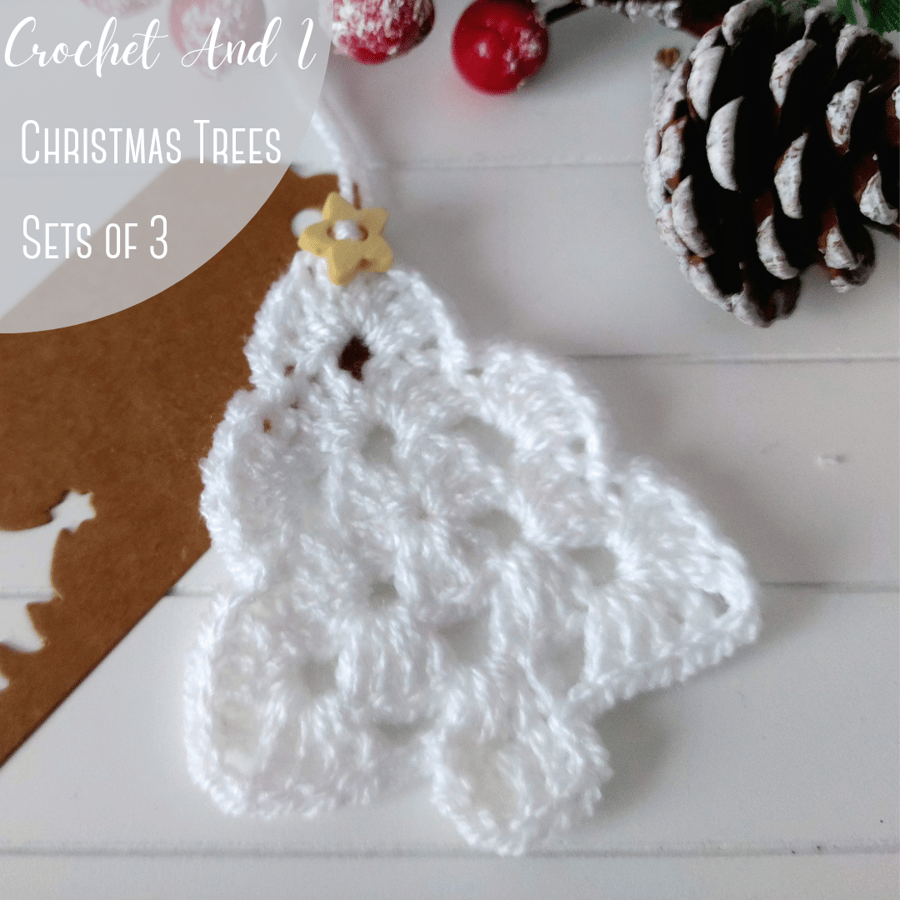 White Crochet Christmas Trees, Vintage Hanging Decoration or Gift Wrap Accent 