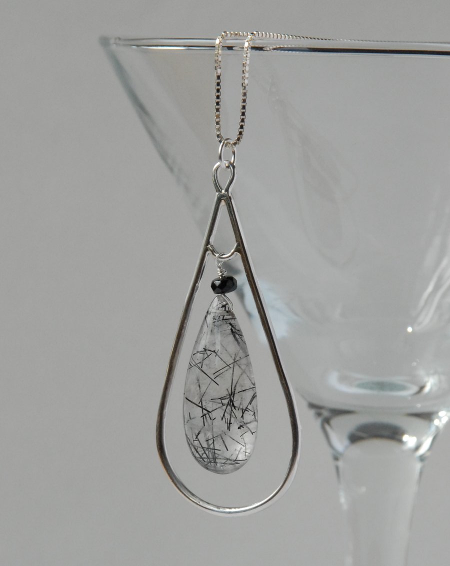 Tourmalinated quartz, tourmaline and silver pendant