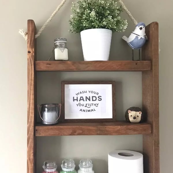 Rustic Hanging Ladder Shelf With Rope - Wall Mounted - Handmade