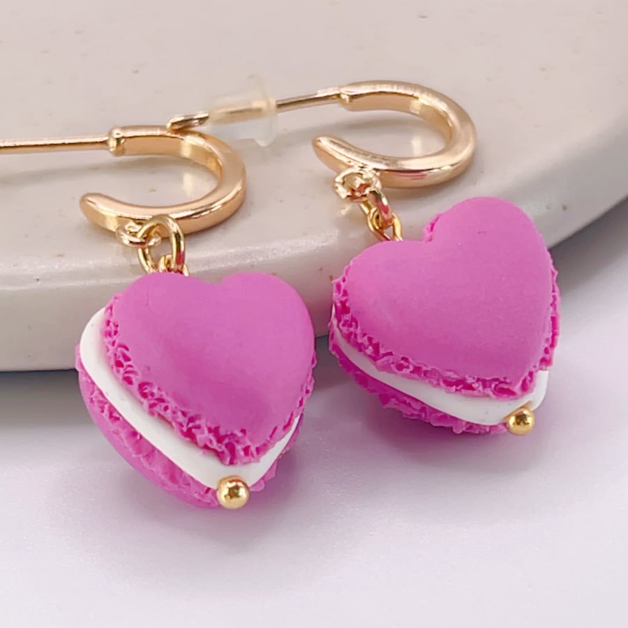 Pink Heart Macaron Earrings - Handmade Clay Food Jewelry - Free UK Delivery