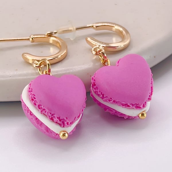 Pink Heart Macaron Earrings - Handmade Clay Food Jewelry - Free UK Delivery
