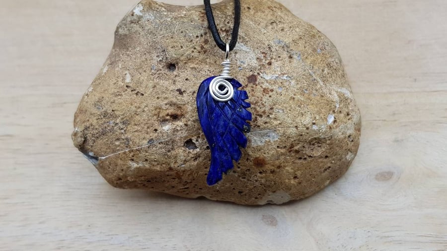 Lapis Lazuli angel wing pendant. Unisex September birthstone. Reiki jewelry uk