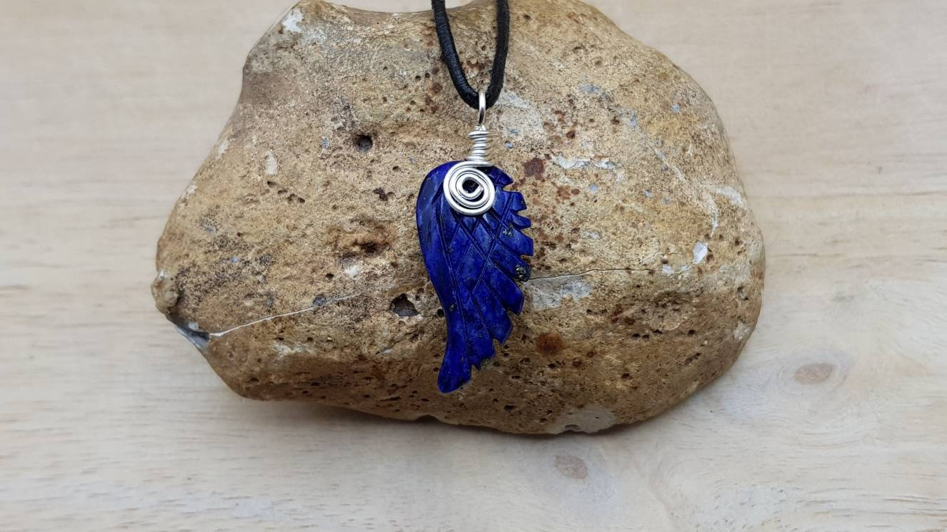 Lapis Lazuli angel wing pendant. Unisex September birthstone. Reiki jewelry uk