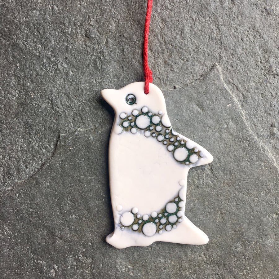 Porcelain Penguin,Christmas decoration blue green spotty The Porcelain Menagerie