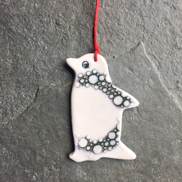 Porcelain Penguin,Christmas decoration blue green spotty The Porcelain Menagerie