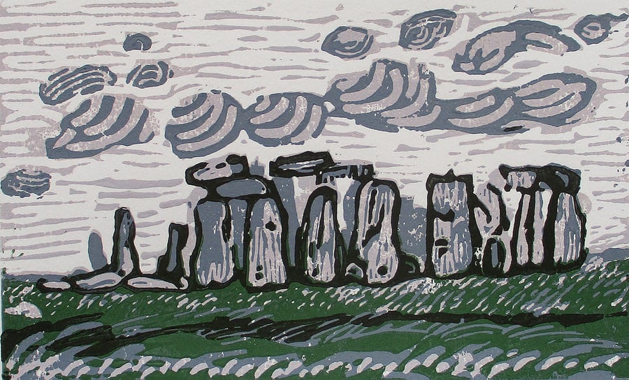 Stonehenge, Wiltshire Original Hand Pressed Reduction Linocut Print