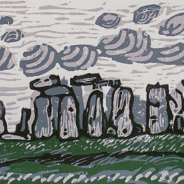 Stonehenge, Wiltshire Original Hand Pressed Reduction Linocut Print