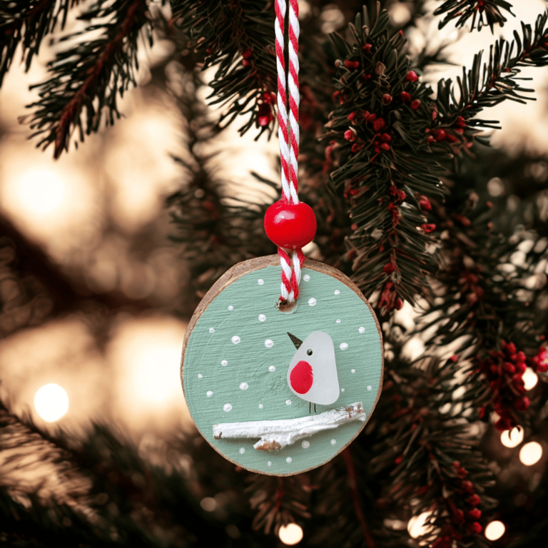 Sea Glass Robin Hanging Decoration - Sea Glass Bird Ornament, Wooden Ornament