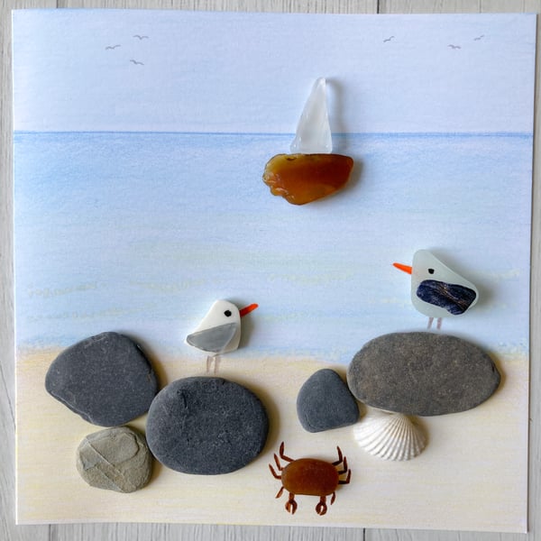 Seaside greetings card made with sea glass and pebbles from Cornish beaches 