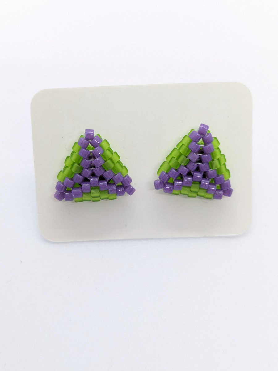 Triangle Stud Earrings - Green and Purple