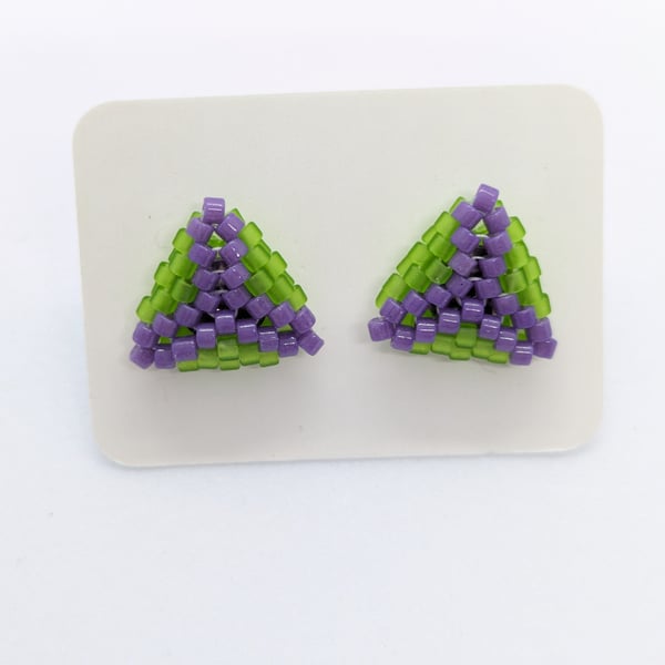 Triangle Stud Earrings - Green and Purple