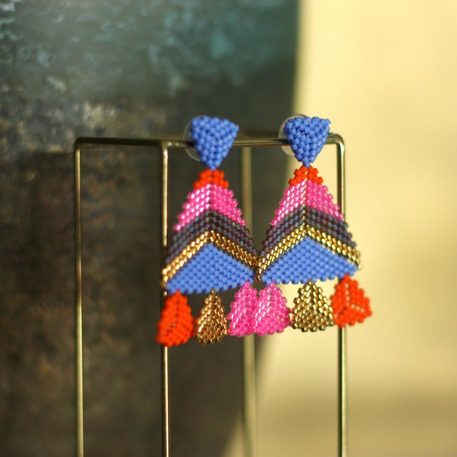 Handmade beaded chandelier earrings in bright colours.
