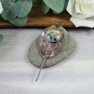 Artisan Shawl Pin Brooch. Copper with Artisan Dichroic Glass Cabachon