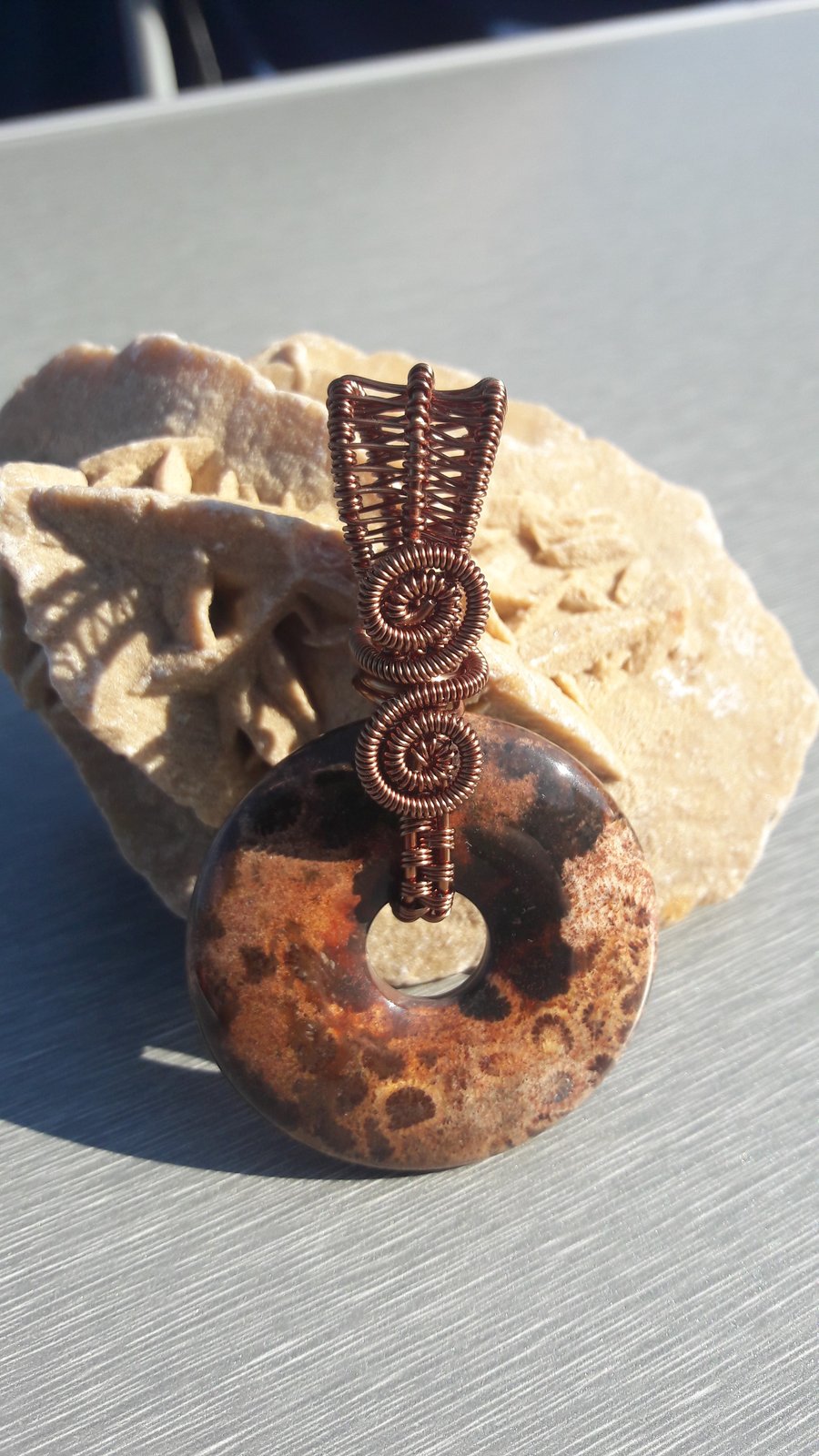 Brown Fossil Agate Reversible Wire Wrapped Donut Pendant