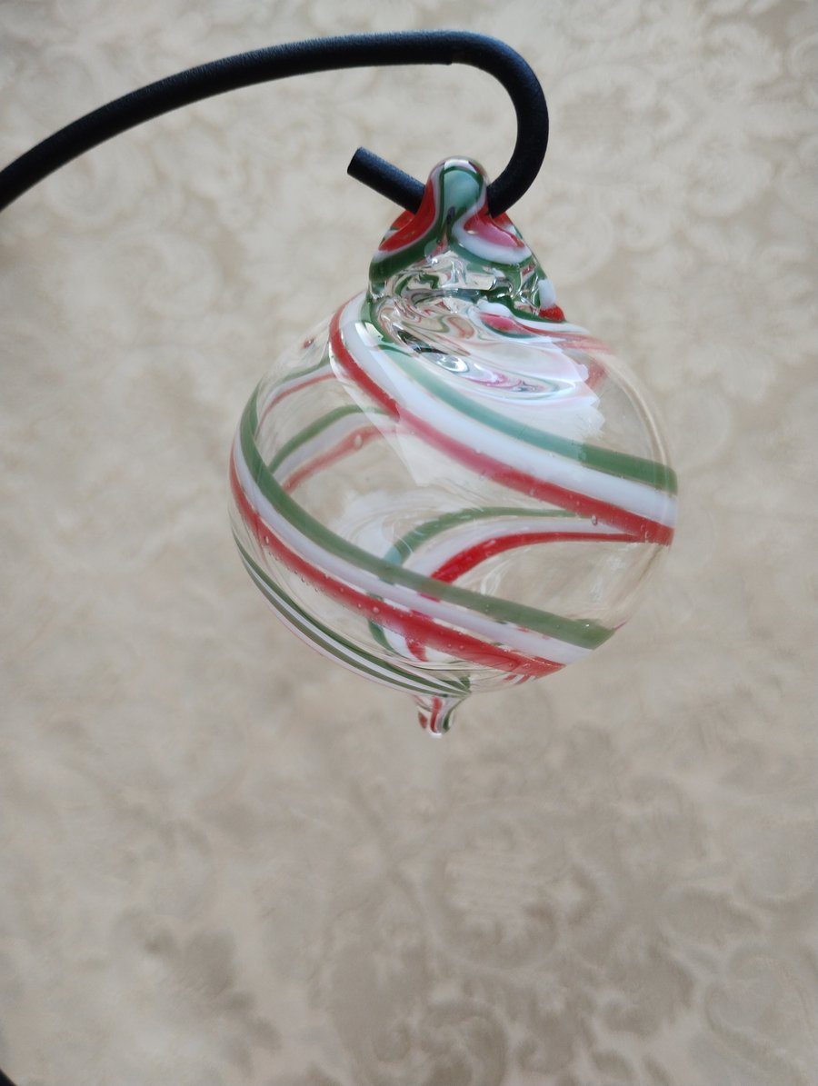 Handblown red, white, green, stripe teardrop bauble 