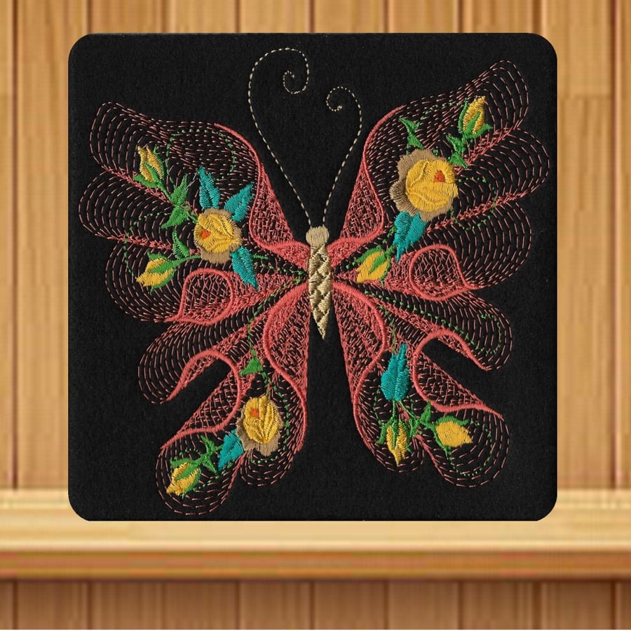  Handmade orange butterfly and flowers greetings card embroidered design