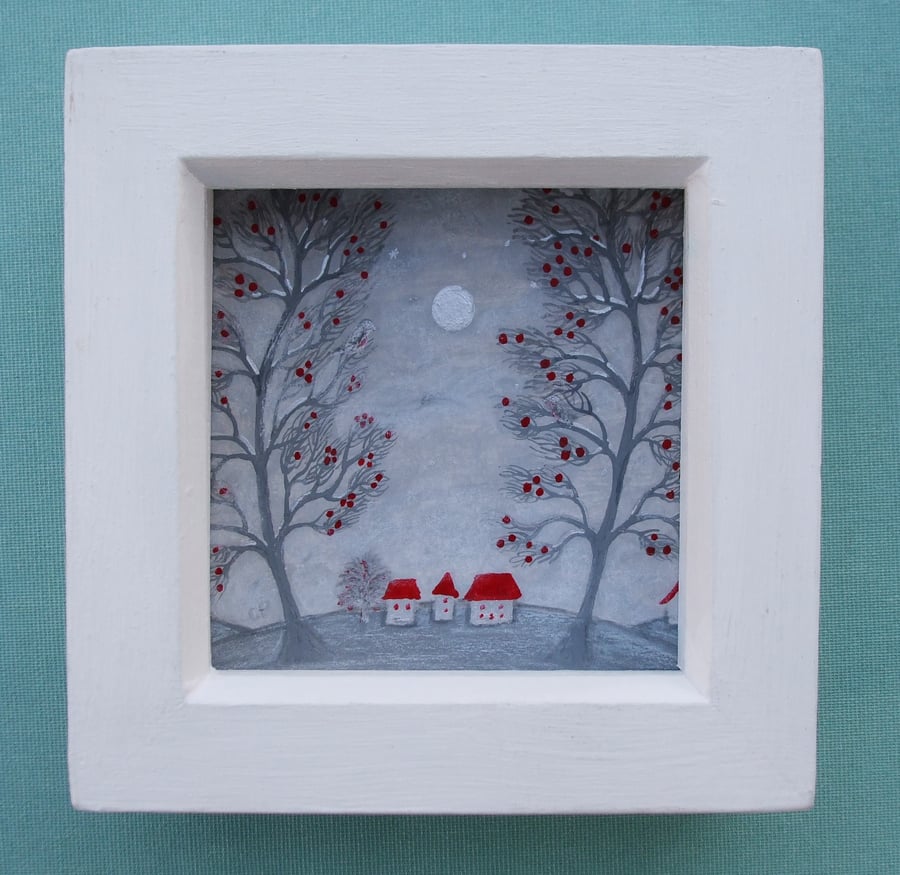 Christmas Scene, Silver Moon Trees, Framed Picture, Winter Art, Christmas Gift