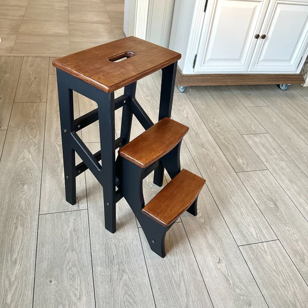 Black Wooden Folding Step Stool - Kitchen & Library Steps - Walnut Colour Finish