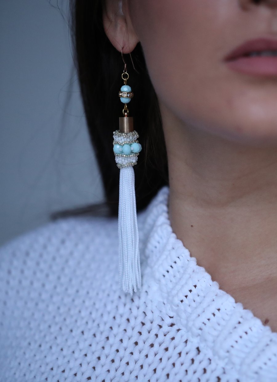White and turquoise beaded tassel earrings